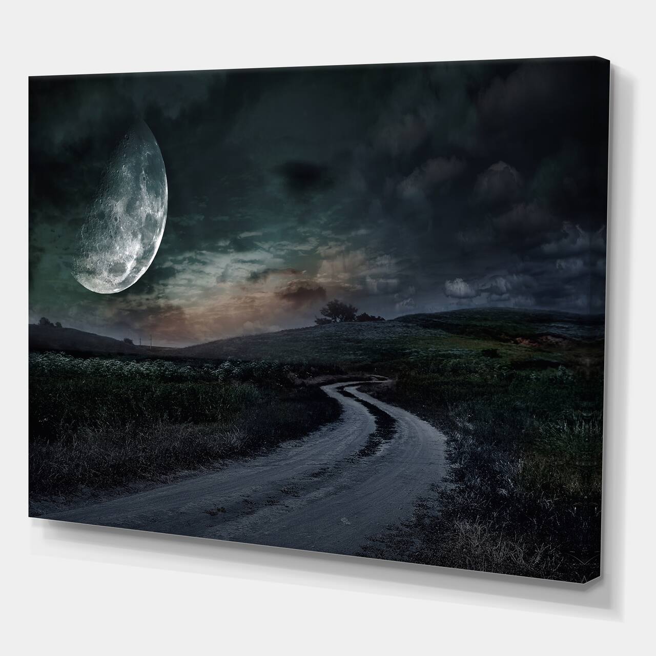Designart - Rural Road Through The Meadow Under Full Moon - Nautical & Coastal Canvas Wall Art Print